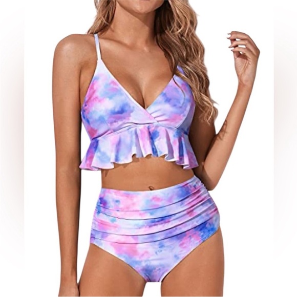 Tempt Me Two Piece High-Waisted Swimsuit with Ruffle and Tummy Control Bottoms. - Picture 1 of 6